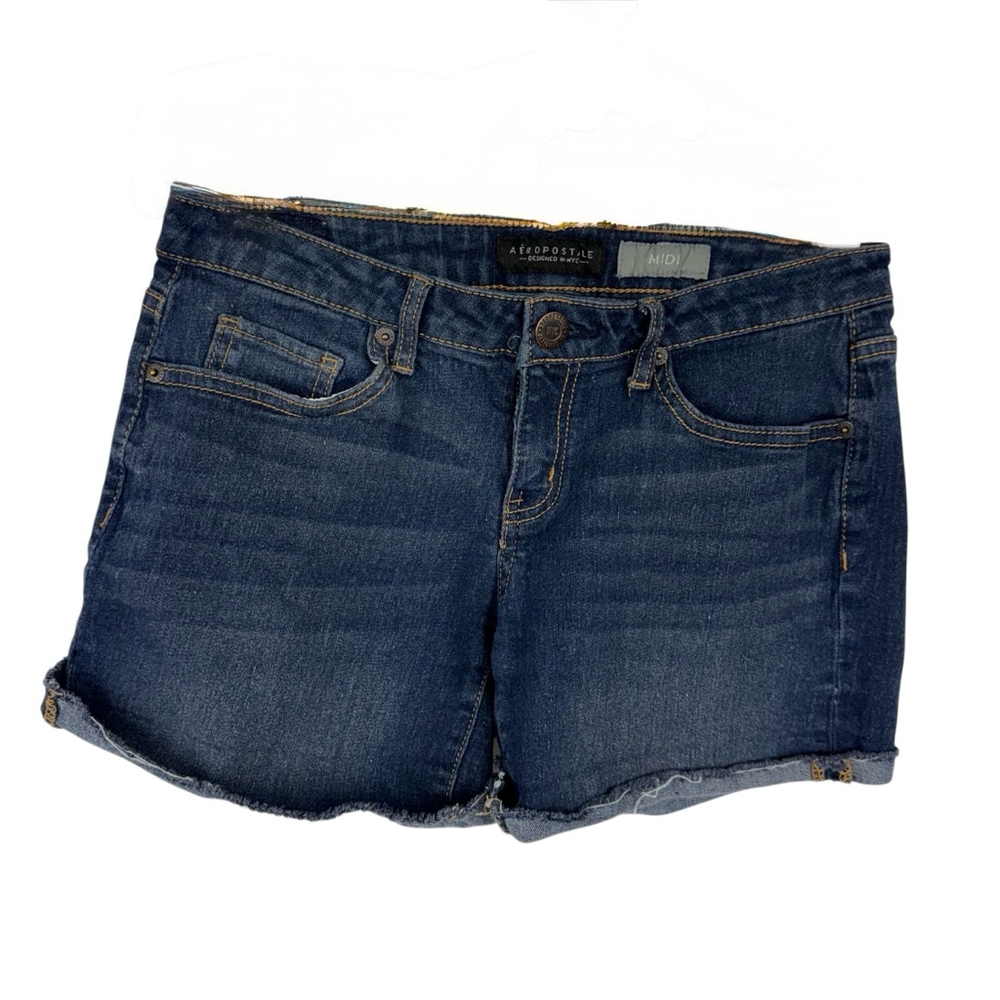 Aeropostal Midi Jean Shorts Womens 4 Blue Denim Cut Off Low Rise Cuffed Casual - Picture 2 of 8
